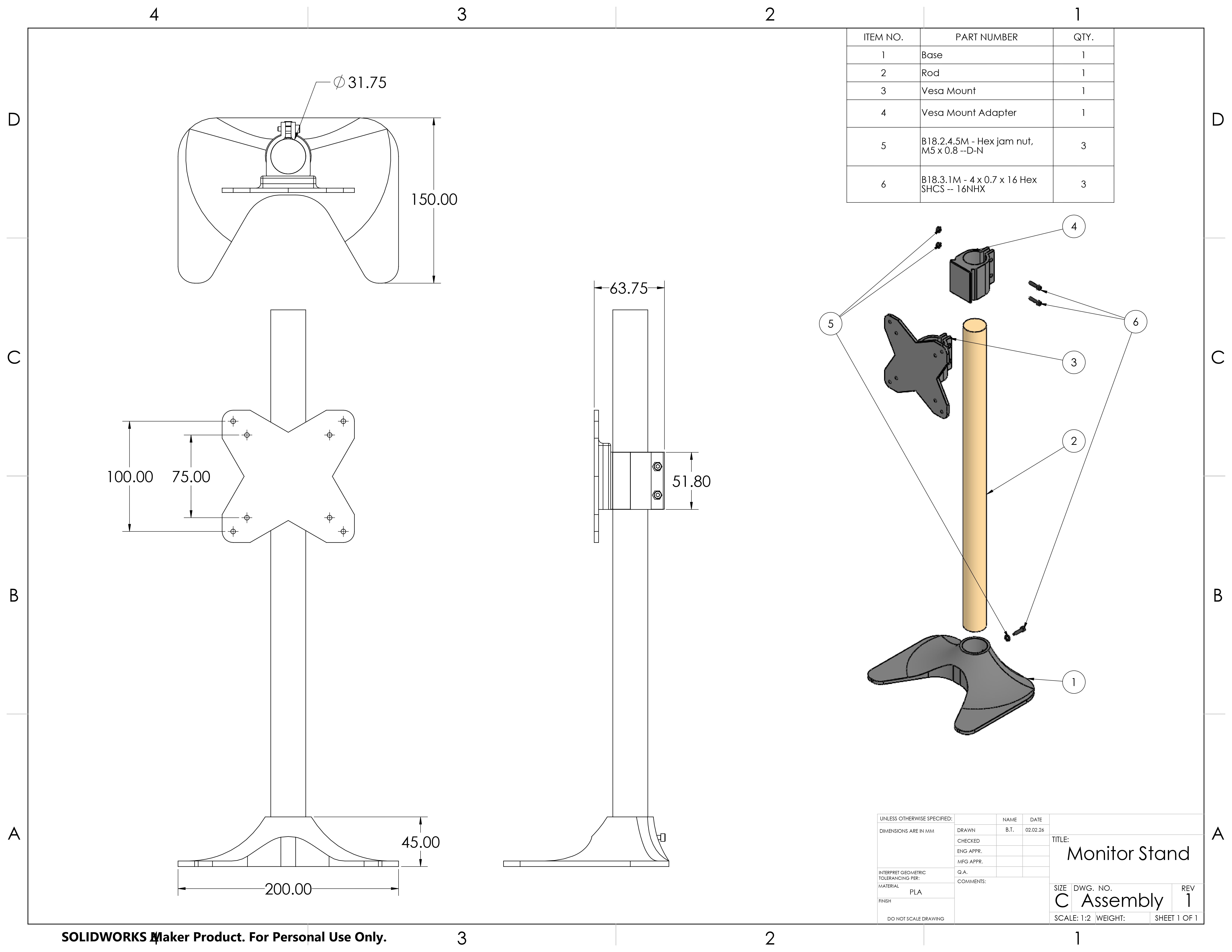 Engineering drawing sheet: top, front, side, and isometric views with key dimensions