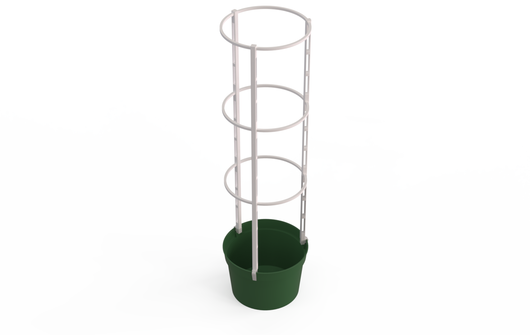 3D render: green cylindrical pot with white modular trellis — vertical bars and horizontal rings
