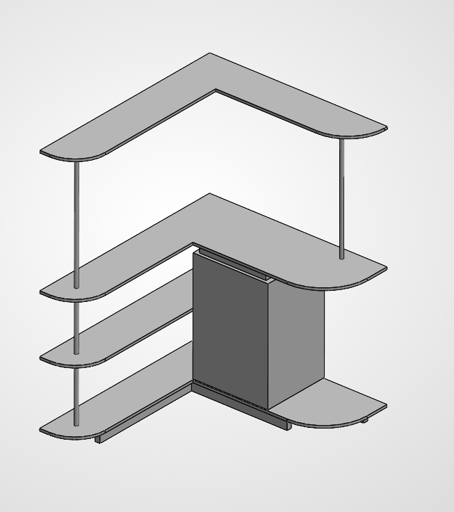 SolidWorks model showing bar dimensions, shelf layout, and joinery details
