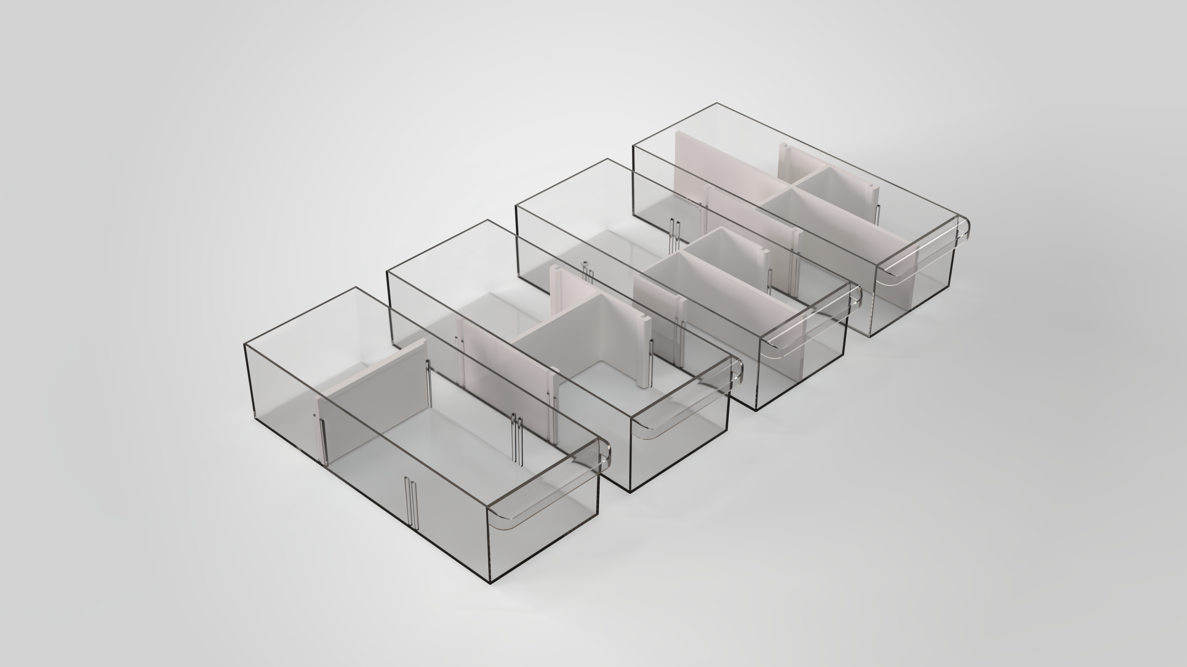 Modular transparent drawer bins with zero to three gray dividers, showing one through four compartments