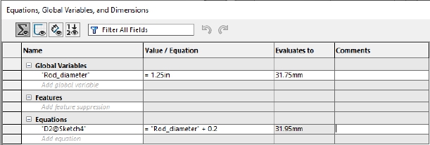 SolidWorks equations table showing Rod_diameter global variable and linked sketch dimensions