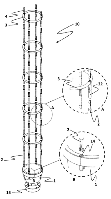 Patent-style drawing: stacked ring trellis on pot base with numbered callouts and detail insets