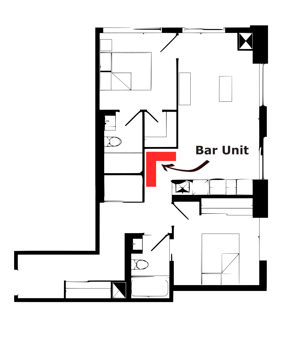 Apartment floor plan showing the bar's position along the living-room wall