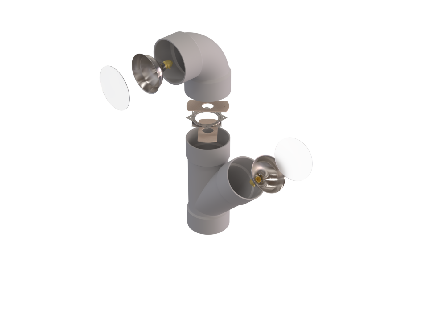 Exploded 3D view: diffusers, lamp and reflector in elbow, lazy Susan bearing between elbow and WYE base, side outlet lighting stack